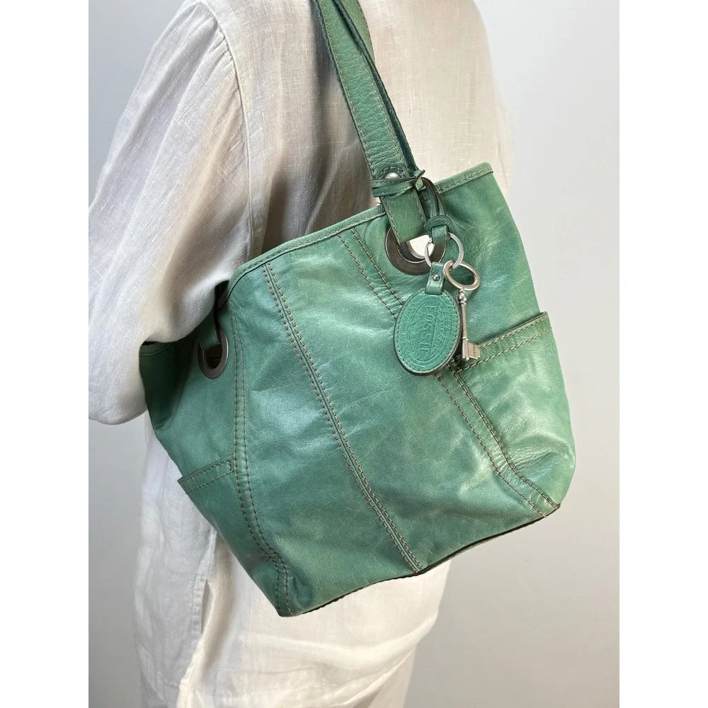 Fossil Teal Hathaway Leather Shoulder Bag Tote Key Charm ZB9385